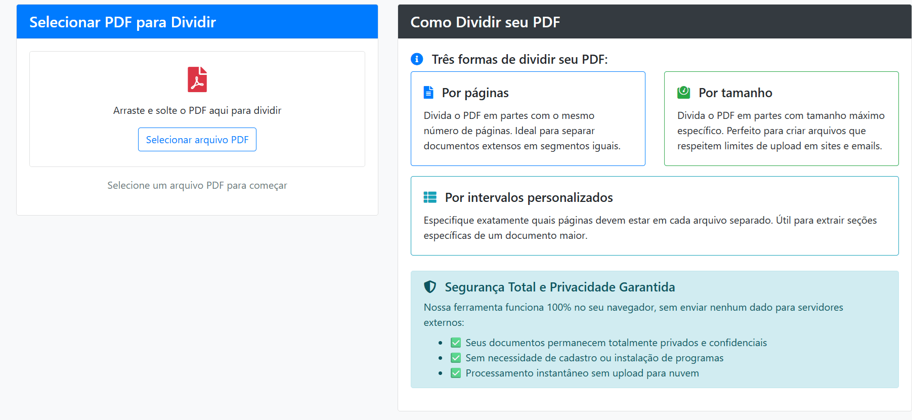 Ferramenta de dividir PDF do Desmistificando  o Direito com campo para envio do arquivo e formas para dividir os documentos.