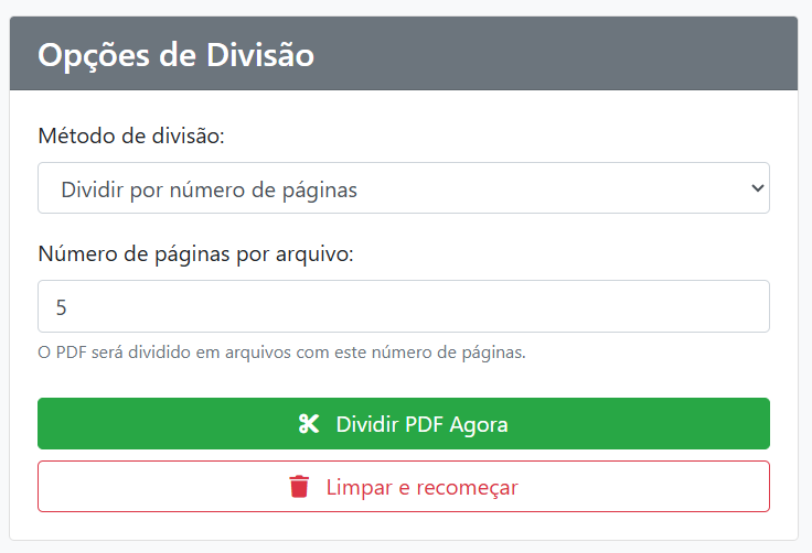 Ferramenta de dividir PDF do Desmistificando  o Direito com campo para método de divisão do documento e número de páginas por arquivo.